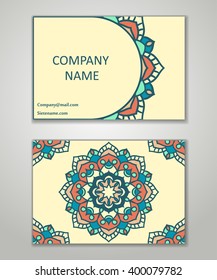 Vector vintage business card set. Beauty designs. Floral mandala pattern and ornaments. Front page and back page.Vector vintage business card set. Beauty designs.