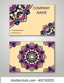 Vector vintage business card set. Beauty designs. Floral mandala pattern and ornaments. Front page and back page.Vector vintage business card set. Beauty designs.
