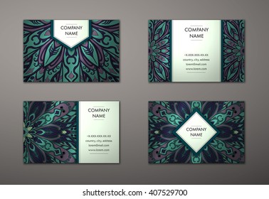 Vector vintage business card set. Floral mandala pattern and ornaments. Oriental design Layout. Islam, Arabic, Indian, ottoman motifs. Front page and back page.