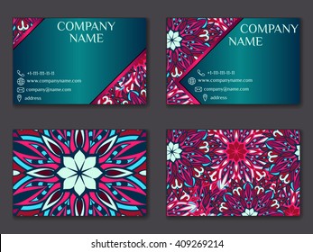 Vector vintage business card set. Beauty designs. Floral mandala pattern and ornaments. Front page and back page.Vector vintage business card set.