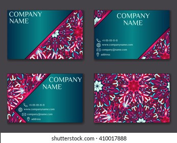 Vector vintage business card set. Beauty designs. Floral mandala pattern and ornaments. Front page and back page.Vector vintage business card set.