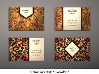 Vector vintage business card set. Floral mandala pattern and ornaments. Oriental design Layout. Islam, Arabic, Indian, ottoman motifs. Front page and back page.