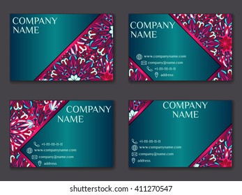 Vector vintage business card set. Beauty designs. Floral mandala pattern and ornaments. Front page and back page.Vector vintage business card set.