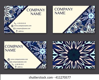 Vector vintage business card set. Beauty designs. Floral mandala pattern and ornaments. Front page and back page.Vector vintage business card set.