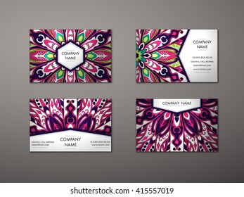 Vector vintage business card set. Floral mandala pattern and ornaments. Oriental design Layout. Islam, Arabic, Indian, ottoman motifs. Front page and back page.