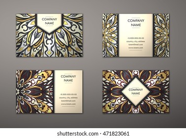 Vector vintage business card set. Floral mandala pattern and ornaments. Oriental design Layout. Islam, Arabic, Indian, ottoman motifs. Front page and back page.