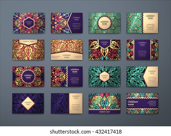 Vector vintage business cards big set. Floral mandala pattern and ornaments. Oriental design Layout. Islam, Arabic, Indian, ottoman motifs. Front page and back page.
