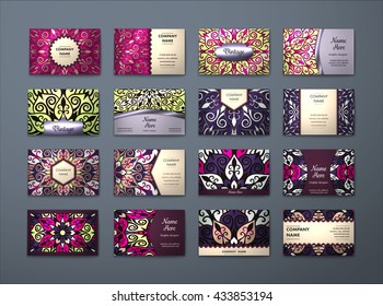 Vector vintage business cards big set. Floral mandala pattern and ornaments. Oriental design Layout. Islam, Arabic, Indian, ottoman motifs. Front page and back page.
