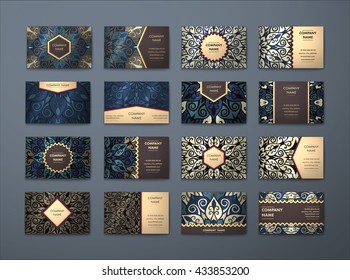 Vector vintage business cards big set. Floral mandala pattern and ornaments. Oriental design Layout. Islam, Arabic, Indian, ottoman motifs. Front page and back page.
