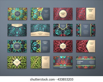 Vector vintage business cards big set. Floral mandala pattern and ornaments. Oriental design Layout. Islam, Arabic, Indian, ottoman motifs. Front page and back page.
