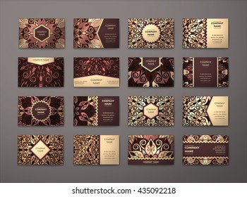 Vector vintage business cards big set. Floral mandala pattern and ornaments. Oriental design Layout. Front page and back page.
