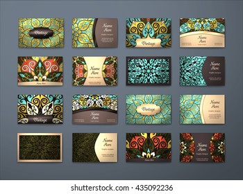 Vector vintage business cards big set. Floral mandala pattern and ornaments. Oriental design Layout.Front page and back page.
