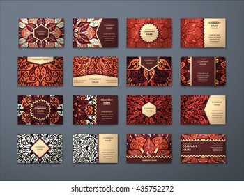 Vector vintage business cards big set. Floral mandala pattern and ornaments. Oriental design Layout. Islam, Arabic, Indian, ottoman motifs. Front page and back page.

