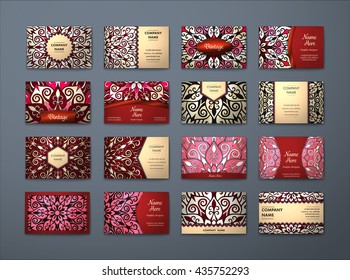 Vector vintage business cards big set. Floral mandala pattern and ornaments. Oriental design Layout. Islam, Arabic, Indian, ottoman motifs. Front page and back page.
