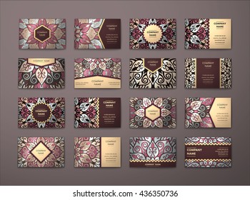 Vector vintage business cards big set. Floral mandala pattern and ornaments. Oriental design Layout. Islam, Arabic, Indian, ottoman motifs. Front page and back page.
