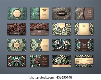 Vector vintage business cards big set. Floral mandala pattern and ornaments. Oriental design Layout. Islam, Arabic, Indian, ottoman motifs. Front page and back page.
