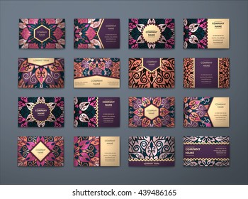 Vector vintage business cards big set. Floral mandala pattern and ornaments. Oriental design Layout. Islam, Arabic, Indian, ottoman motifs. Front page and back page.
