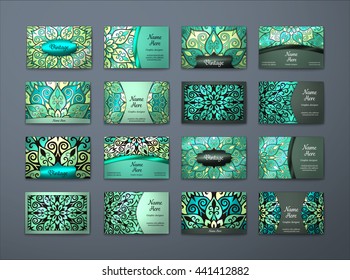 Vector vintage business cards big set. Floral mandala pattern and ornaments. Oriental design Layout. Islam, Arabic, Indian, ottoman motifs. Front page and back page.
