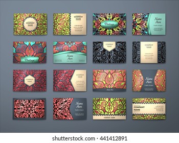 Vector vintage business cards big set. Floral mandala pattern and ornaments. Oriental design Layout. Islam, Arabic, Indian, ottoman motifs. Front page and back page.
