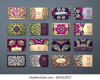 Vector vintage business cards big set. Floral mandala pattern and ornaments. Oriental design Layout. Islam, Arabic, Indian, ottoman motifs. Front page and back page.
