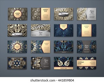 Vector vintage business cards big set. Floral mandala pattern and ornaments. Oriental design Layout. Islam, Arabic, Indian, ottoman motifs. Front page and back page.
