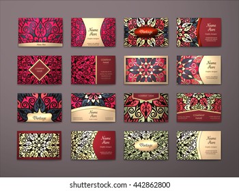 Vector vintage business cards big set. Floral mandala pattern and ornaments. Oriental design Layout. Islam, Arabic, Indian, ottoman motifs. Front page and back page.
