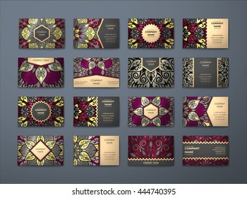 Vector vintage business cards big set. Floral mandala pattern and ornaments. Oriental design Layout. Islam, Arabic, Indian, ottoman motifs. Front page and back page.
