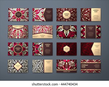 Vector vintage business cards big set. Floral mandala pattern and ornaments. Oriental design Layout. Islam, Arabic, Indian, ottoman motifs. Front page and back page.
