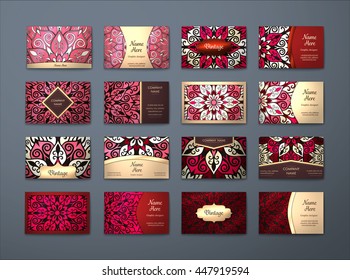 Vector vintage business cards big set. Floral mandala pattern and ornaments. Oriental design Layout. Islam, Arabic, Indian, ottoman motifs. Front page and back page.
