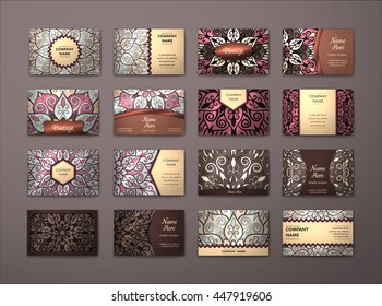 Vector vintage business cards big set. Floral mandala pattern and ornaments. Oriental design Layout. Islam, Arabic, Indian, ottoman motifs. Front page and back page.
