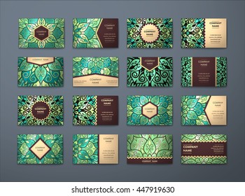 Vector vintage business cards big set. Floral mandala pattern and ornaments. Oriental design Layout. Islam, Arabic, Indian, ottoman motifs. Front page and back page.
