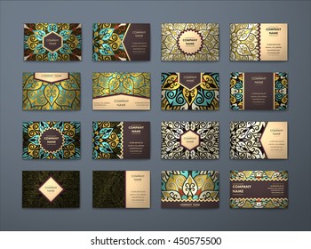 Vector vintage business cards big set. Floral mandala pattern and ornaments. Oriental design Layout. Islam, Arabic, Indian, ottoman motifs. Front page and back page.
