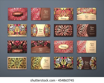 Vector vintage business cards big set. Floral mandala pattern and ornaments. Oriental design Layout. Islam, Arabic, Indian, ottoman motifs. Front page and back page.

