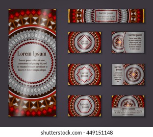 Vector vintage business and invitation card set. Floral mandala pattern and ornaments. Oriental design Layout. Islam, Arabic, Indian, ottoman motifs. Front page and back page.