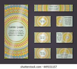 Vector vintage business and invitation card set. Floral mandala pattern and ornaments. Oriental design Layout. Islam, Arabic, Indian, ottoman motifs. Front page and back page.