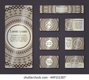 Vector vintage business and invitation card set. Floral mandala pattern and ornaments. Oriental design Layout. Islam, Arabic, Indian, ottoman motifs. Front page and back page.