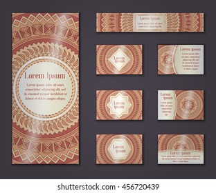 Vector vintage business and invitation card set. Floral mandala pattern and ornaments. Oriental design Layout. Islam, Arabic, Indian, ottoman motifs. Front page and back page.