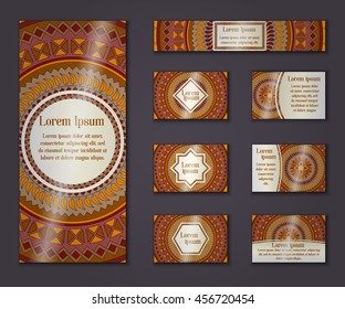 Vector vintage business and invitation card set. Floral mandala pattern and ornaments. Oriental design Layout. Islam, Arabic, Indian, ottoman motifs. Front page and back page.