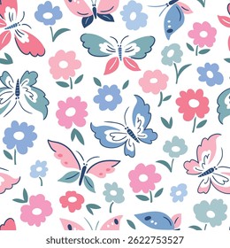 Vetor vintage borboleta padrão sem emenda. Borboleta estilizada ilustrada e flores abstratas isoladas no fundo branco. Elegância verão inseto repetir projeto de impressão em estilo asiático.