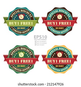 Vector : Vintage Buy 1 Free 1 Hurry Special Discount Limited Offer Icon, Badge, Sticker or Label Isolated on White Background 