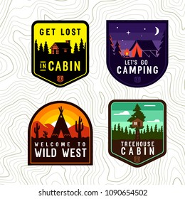 Vector vintage cabin, camping patch set.