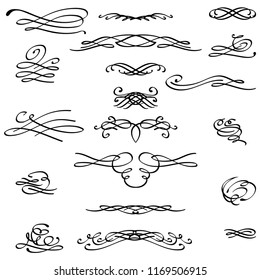 Vector Vintage Calligraphic Design Elements. Set of Decors and Dividers. Old Vignette Collection Isolated on White Background. Decorative Ornamental Swirls. Flourish