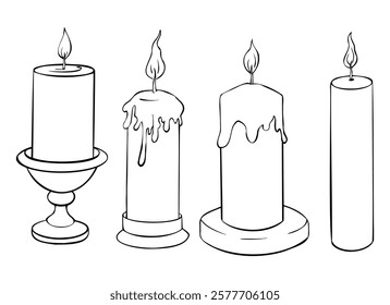 Vector vintage Candle set. Hand drawn outline illustration with wax candlelight with flame Christmas or birthday design . Linear home decor Cozy object for aromatherapy in black and white colors.