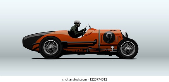 Vector vintage car. Retro sport car with driver in perspective.