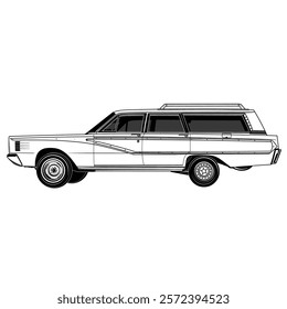 vector vintage car side view, vintage car illustration line drawing