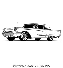 vector vintage car side view, vintage car illustration line drawing