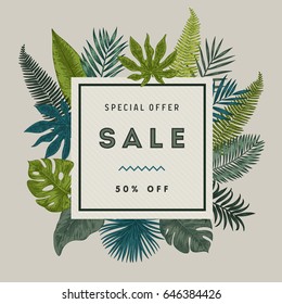 Vector vintage card. Botanical illustration with Tropical leaves. 