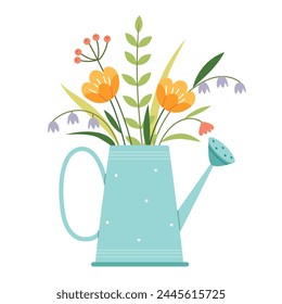 Vector vintage card with a bouquet of flowers and a copper watering can in pastel colors.