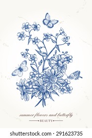 Vector vintage card with a bouquet of flowers and butterflies. Forget-me-not and daisies.