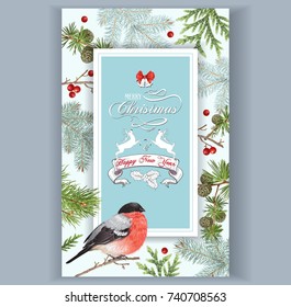 Vector vintage card with forest branches, bullfinch and Christmas banner with deers and bells.